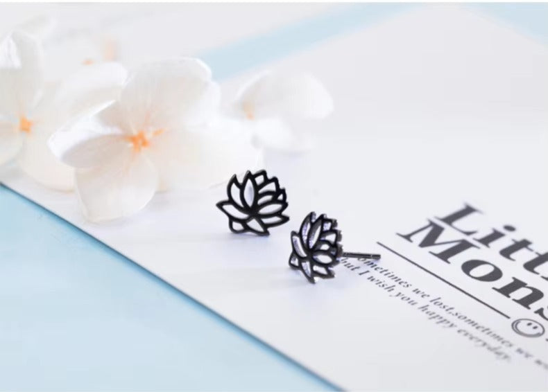 pendientes de plata de ley 925 auténtica para mujer, aretes de tuerca con flor de loto negro