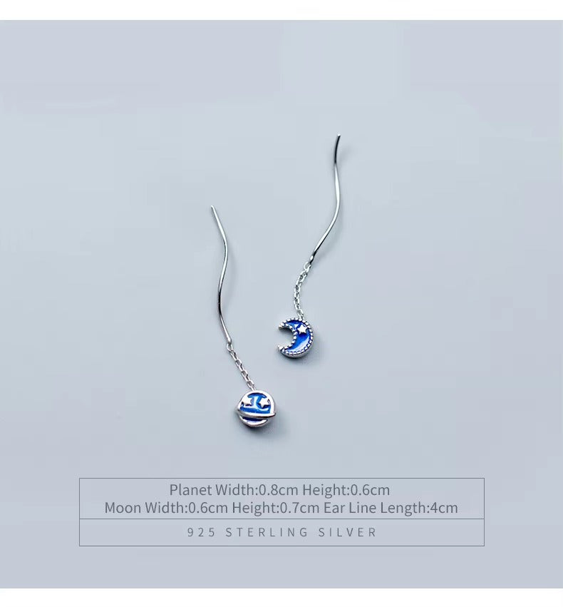 pendientes de gota de Planeta y Luna esmaltados para mujer, cadena larga de Plata de Ley 925