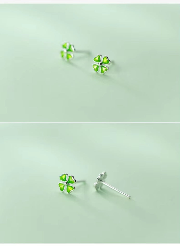 -pendientes minimalistas para mujer, de Plata de Ley 925 pura, esmalte verde, trébol de cuatro hojas