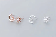 Load image into Gallery viewer, pendientes de plata de ley 925 con forma de luna y sol, joyería de plata