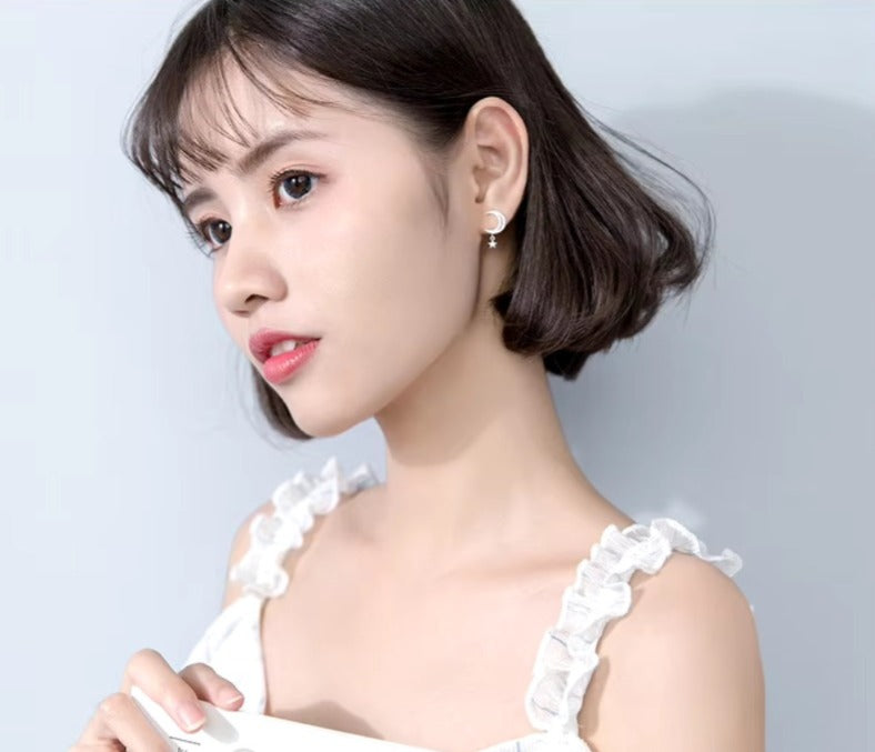 pendientes de plata de ley 925 con forma de luna para mujer