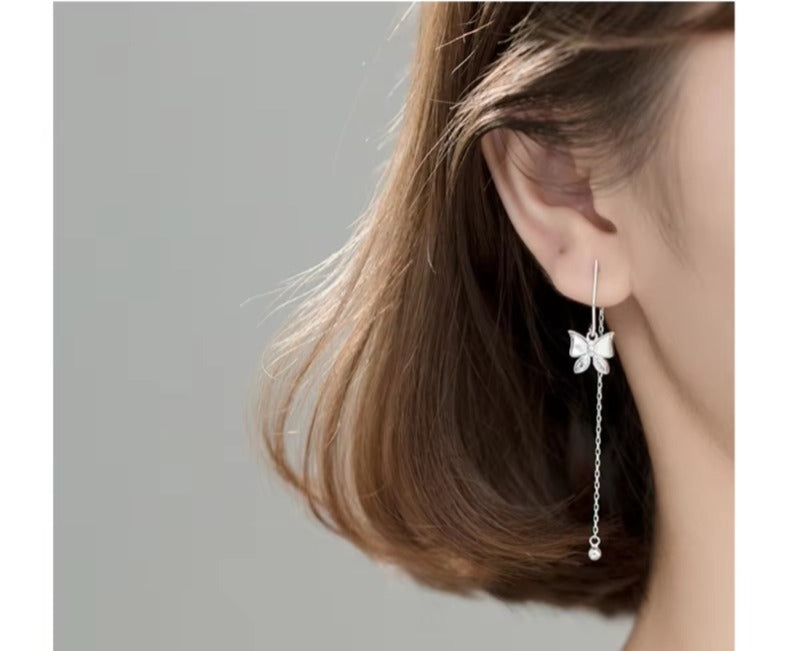 pendientes de plata esterlina 925 para mujer, aretes de gota con borla de bola de mariposa de baile