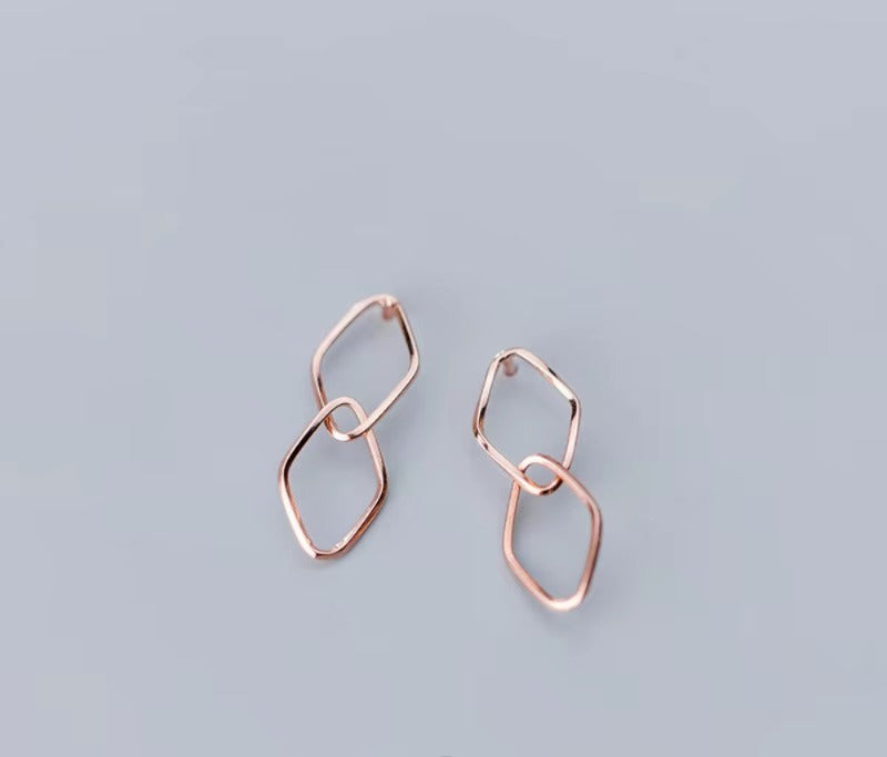 pendientes colgantes de rombos para mujer, de Color oro rosa, Plata de Ley 925 auténtica