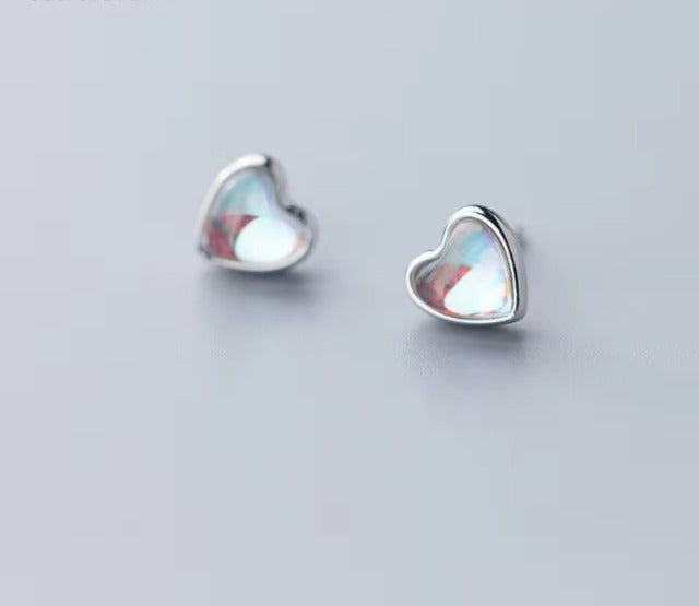pendientes de plata de ley 925 con forma de corazón para mujer, aretes de ópalo arcoíris