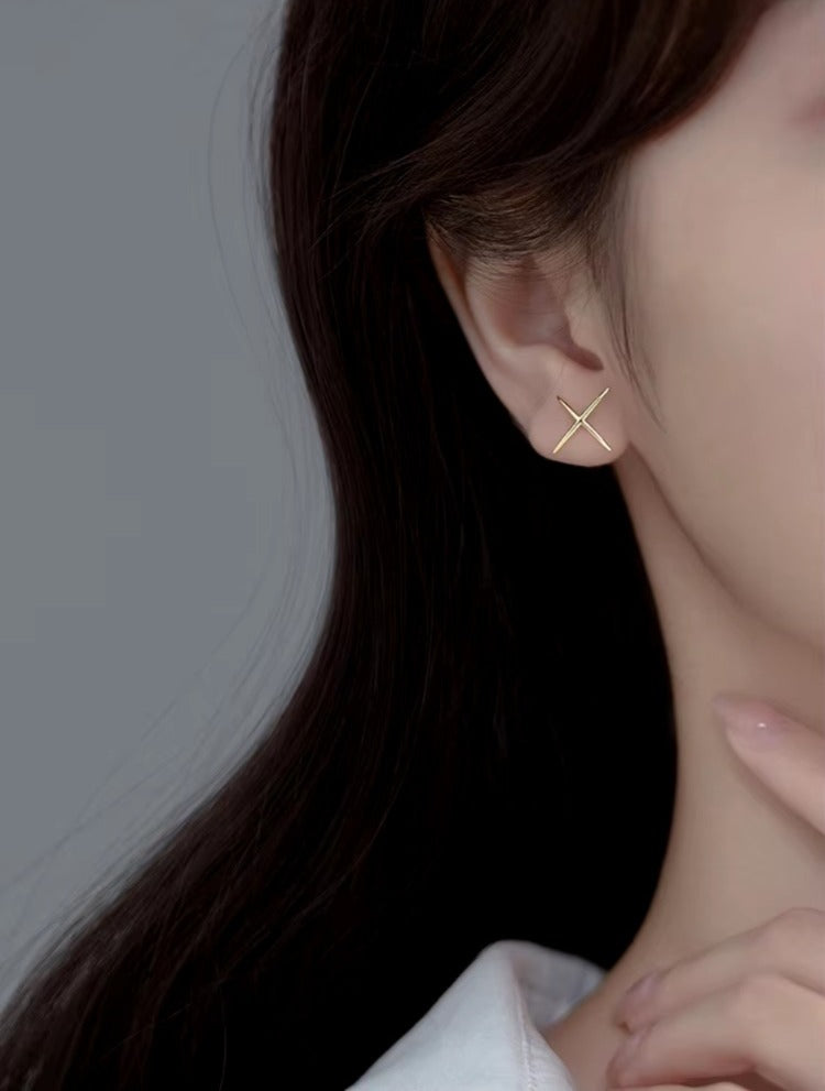 pendientes de plata de ley 100% para mujer, aretes sencillos con forma de X, Color dorado