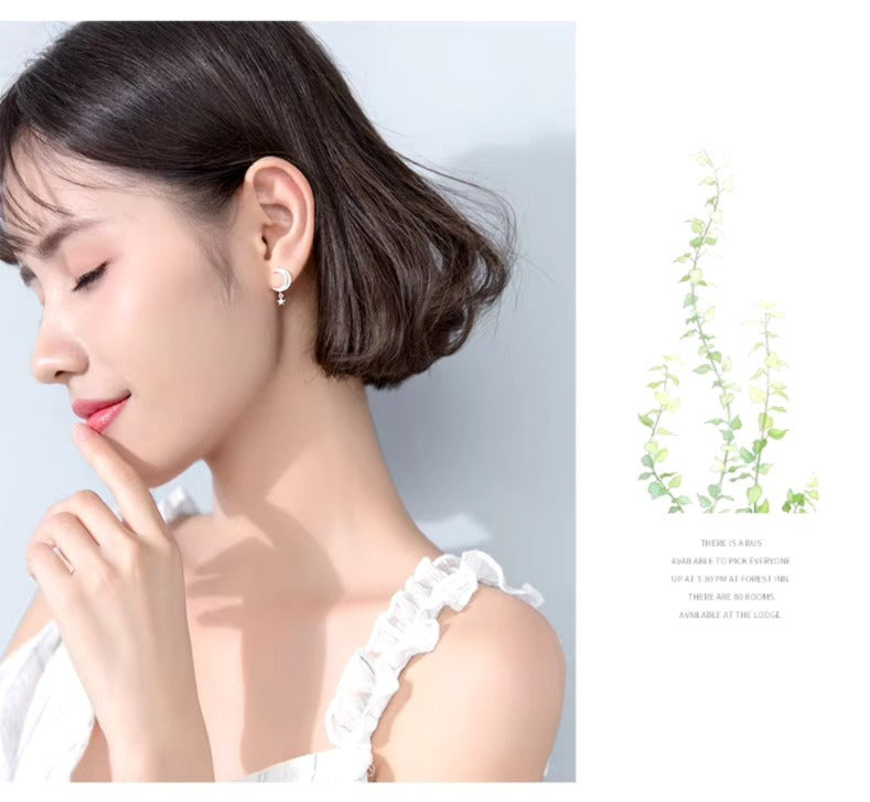 pendientes de plata de ley 925 con forma de luna para mujer, aretes brillantes