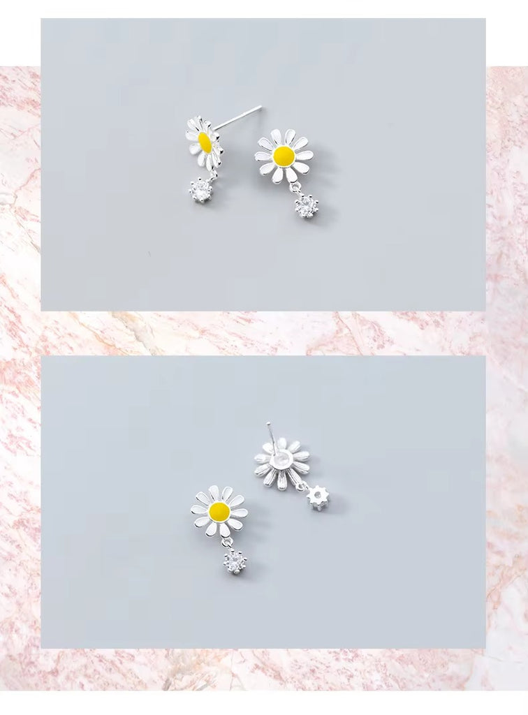 pendientes de tuerca de plata de ley 925 para mujer, joyería de flor de margarita esmaltada