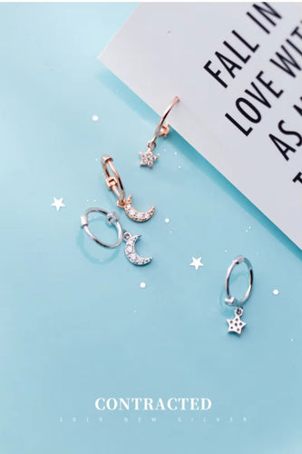 pendientes de aro de Plata de Ley 925 con forma de Luna y estrella centelleante para mujer