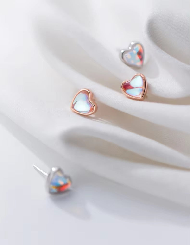 pendientes de plata de ley 925 con forma de corazón para mujer, aretes de ópalo arcoíris