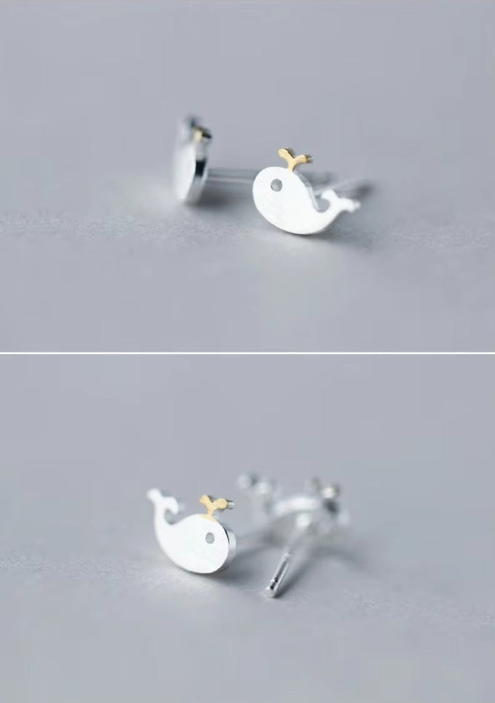 pequeños lindos pendientes de Stud de la ballena de matorral Simple dulce Plata de Ley 925