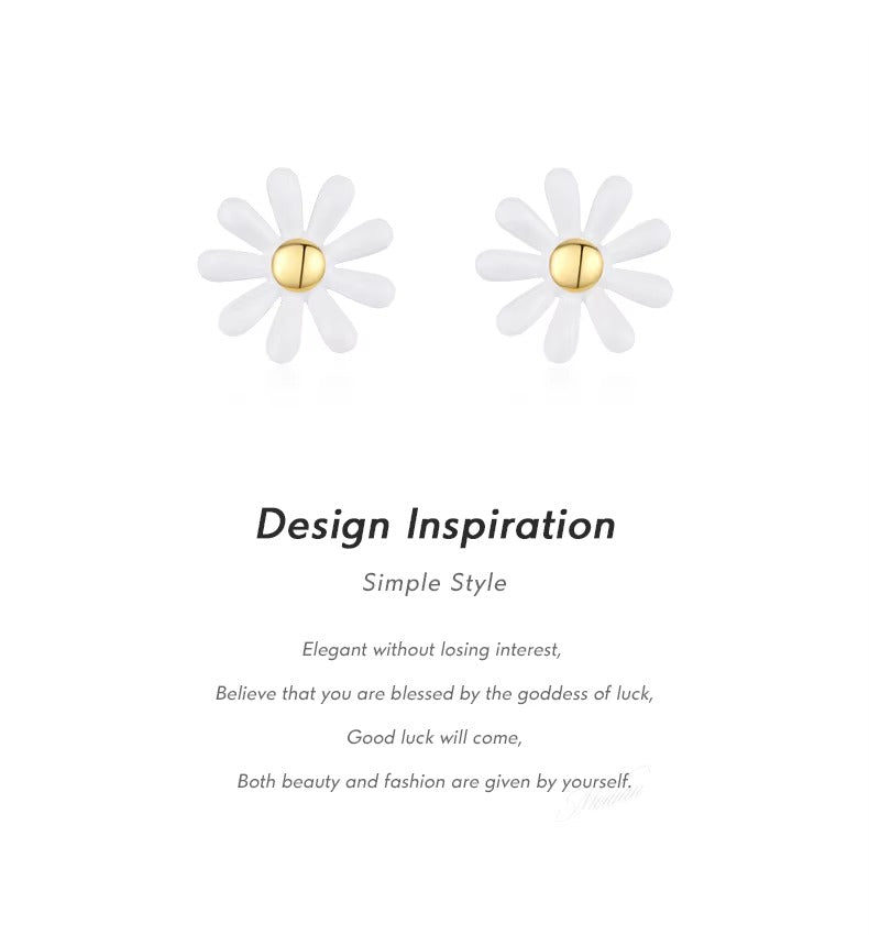 pendientes de plata de ley 925 con diseño de margaritas, aretes sencillos de esmalte blanco