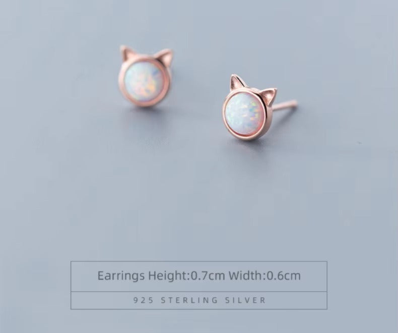 pendientes de plata de ley 925 con forma de gato, joyería fina con diseño de ópalo
