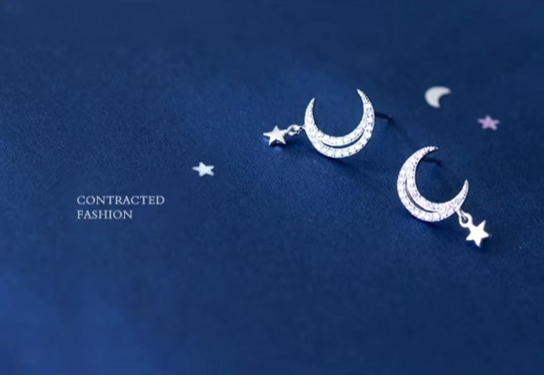 pendientes de plata de ley 925 con forma de luna para mujer