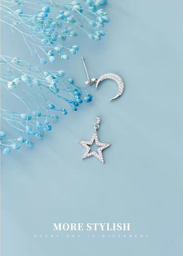 pendientes de plata de ley 925 con forma de luna y Estrella, joyería fina, con brillo
