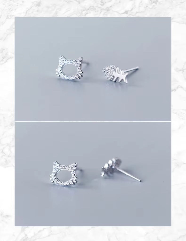 pendientes de plata de ley 925 con diseño de gato y hueso para mujer, aretes pequeños