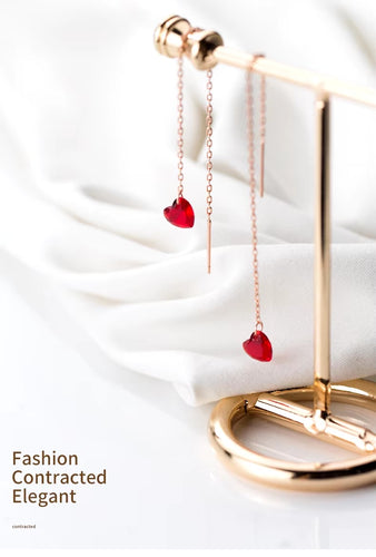 pendientes de plata esterlina 925 para mujer, aretes de cadena con corazones de cristal rojo Simple