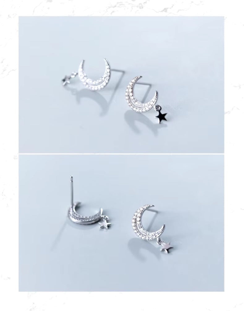 pendientes de plata de ley 925 con forma de luna para mujer, aretes brillantes