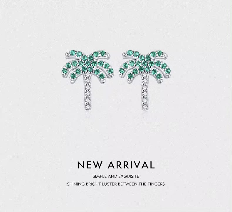 pendientes de tuerca de árbol de Coco para mujer, de cristal verde, planta de plata de ley 2021