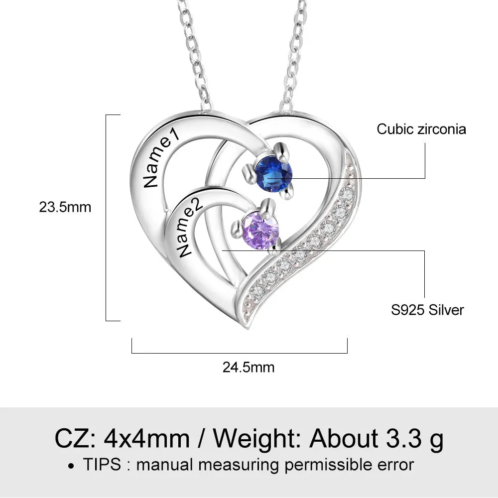 Collar de corazón personalizado de Plata de Ley 925 con 2-6 piedras de nacimiento Laila joyas