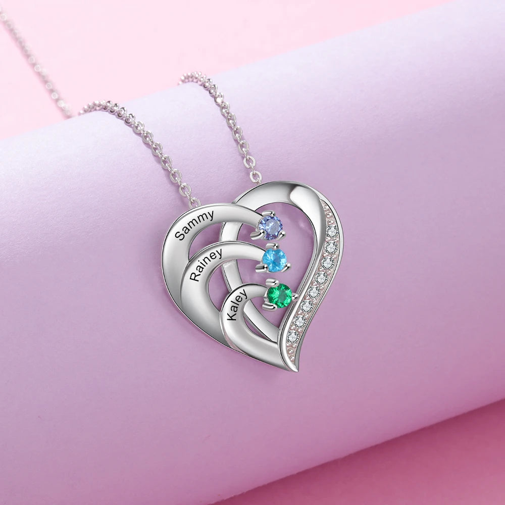 Collar de corazón personalizado de Plata de Ley 925 con 2-6 piedras de nacimiento Laila joyas