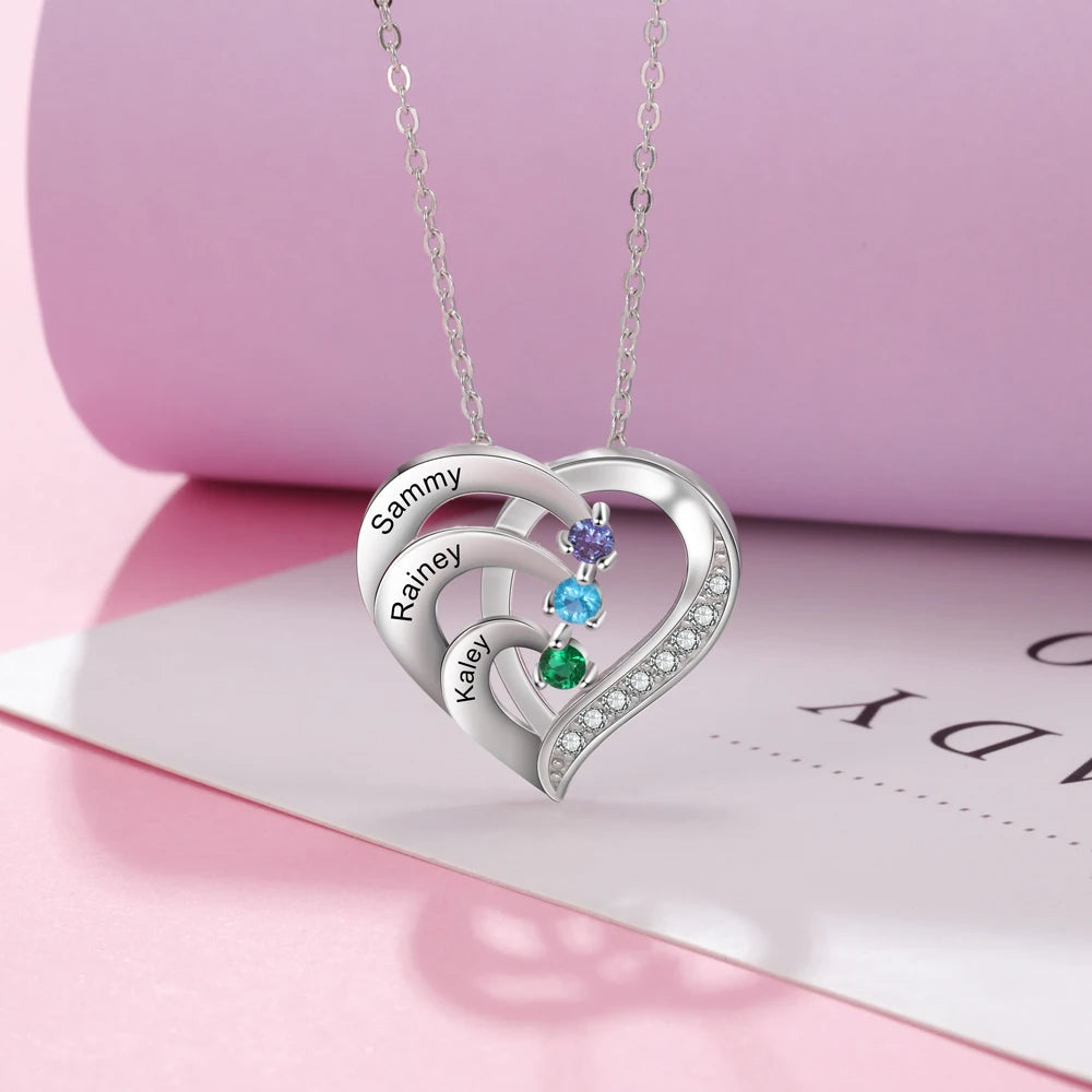 Collar de corazón personalizado de Plata de Ley 925 con 2-6 piedras de nacimiento Laila joyas