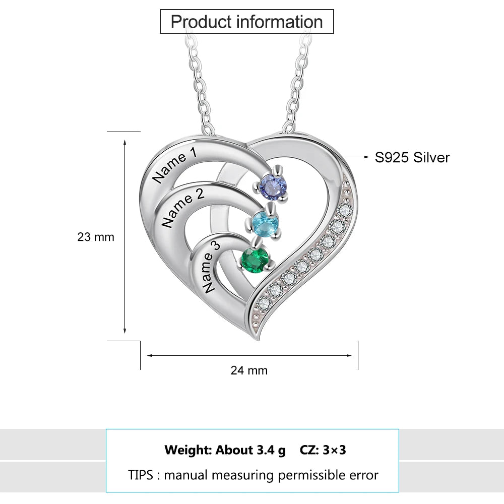 Collar de corazón personalizado de Plata de Ley 925 con 2-6 piedras de nacimiento Laila joyas