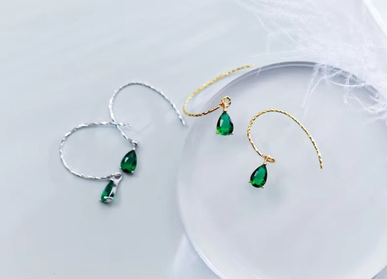 pendientes de gota de agua de cristal verde Simple para mujer, de plata de ley 100% 925