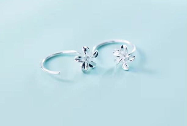 pendientes de aro de Plata de Ley 925 auténtica para mujer, abalorio de flor Simple