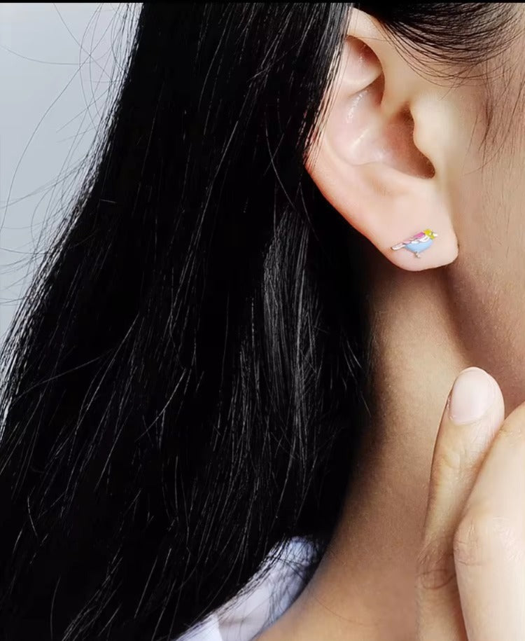 pendientes de plata de ley 925 con diseño de pájaro esmaltado