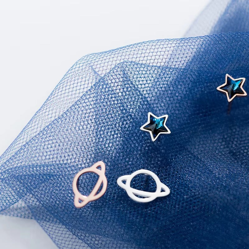 pendientes de plata de ley 925 con forma de Planeta y estrellas, joyería con cierre de tuerca