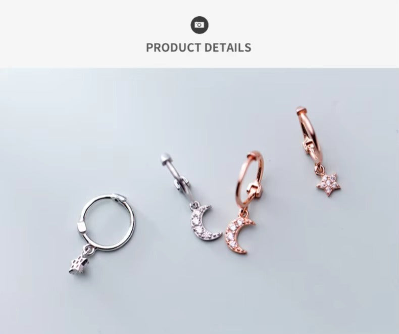 pendientes de aro de Plata de Ley 925 con forma de Luna y estrella centelleante para mujer