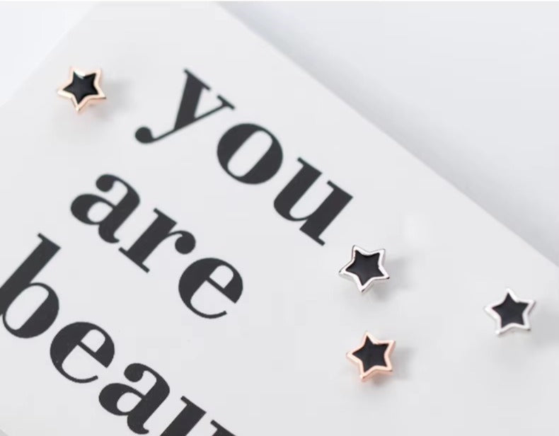 pendientes de plata de ley 925 con forma de estrella para mujer, joyería fina con esmalte negro