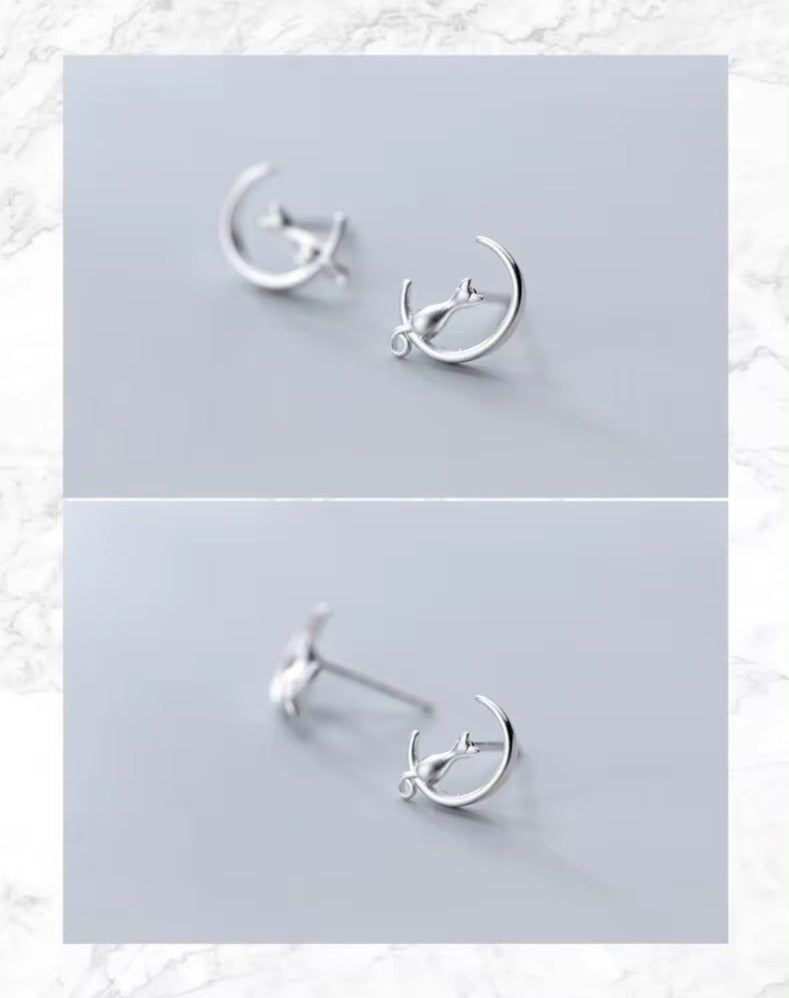 Simple lindo gato Luna pendientes encanto 925 Plata de Ley Animal cola pequeña joyería para mujeres