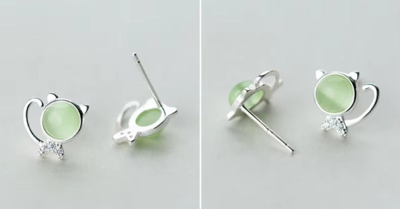 pendientes de plata de ley 925 con forma de gato de la suerte para niños, joyería de cristal verde