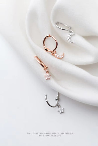 pendientes de aro de Plata de Ley 925 con forma de Luna y estrella centelleante para mujer