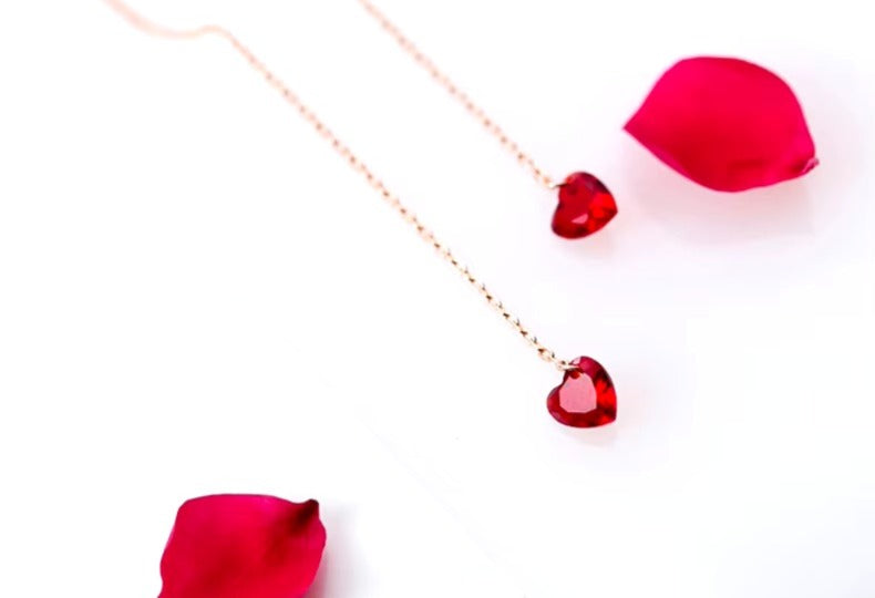 pendientes de plata esterlina 925 para mujer, aretes de cadena con corazones de cristal rojo Simple
