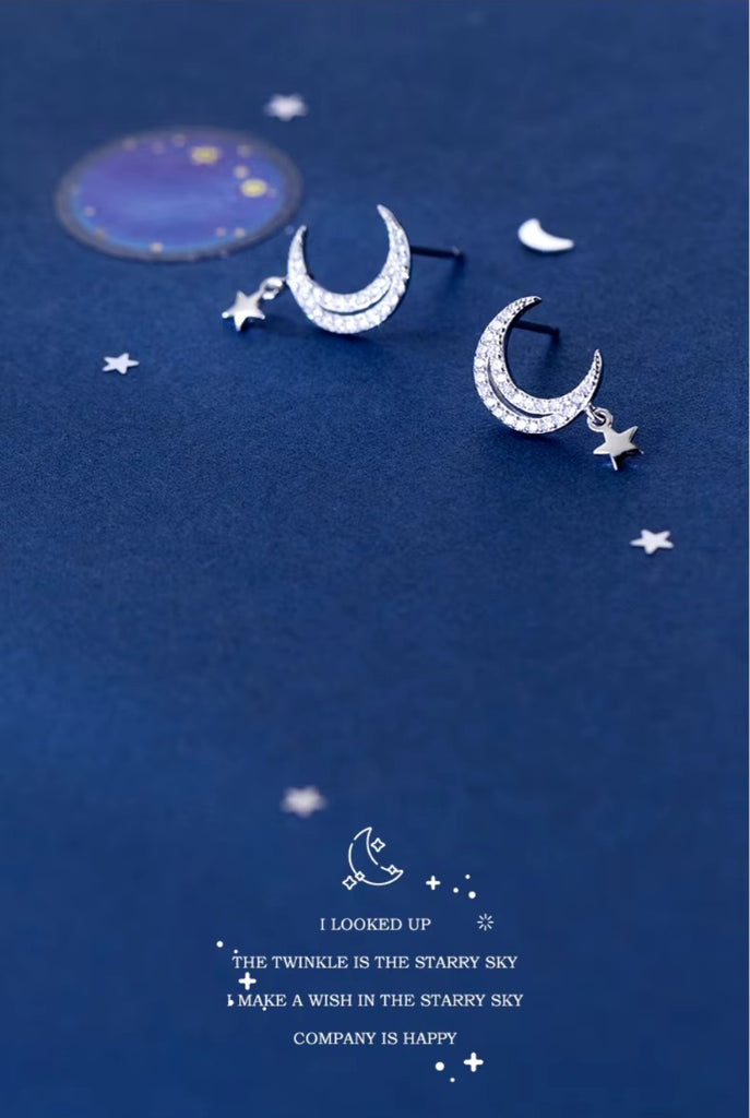 pendientes de plata de ley 925 con forma de luna para mujer
