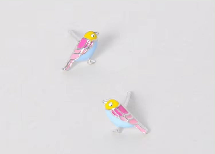 pendientes de plata de ley 925 con diseño de pájaro esmaltado