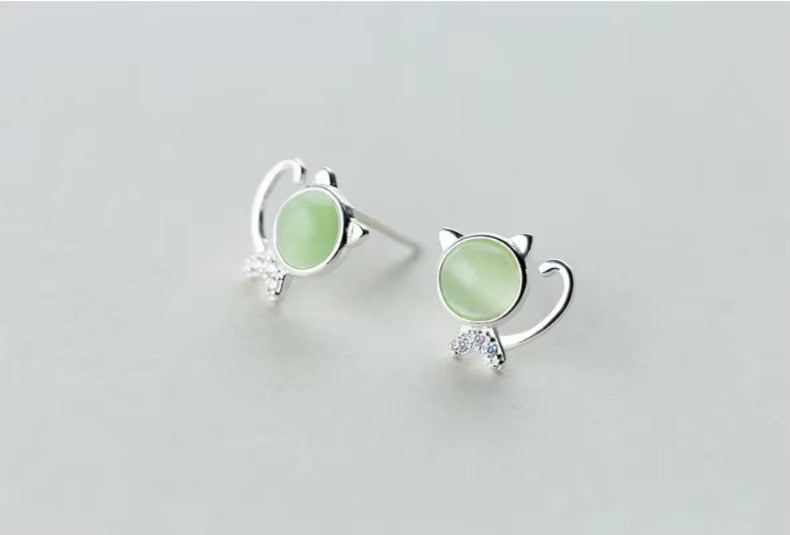 pendientes de plata de ley 925 con forma de gato de la suerte para niños, joyería de cristal verde