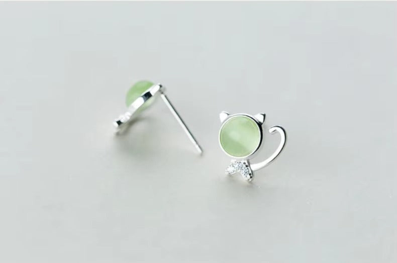 pendientes de plata de ley 925 con forma de gato de la suerte para niños, joyería de cristal verde