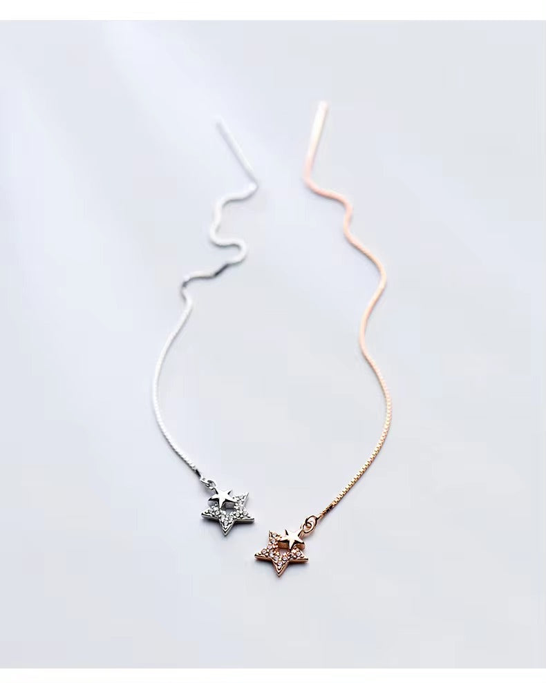 pendientes colgantes de cadena larga para mujer, aretes de Plata de Ley 925 con estrellas geométricas