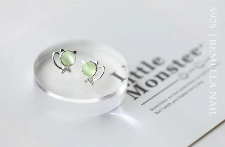 pendientes de plata de ley 925 con forma de gato de la suerte para niños, joyería de cristal verde