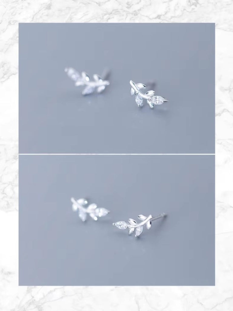 pendientes de tuerca de árbol de hojas pequeñas y lindas para mujer, accesorios coreanos de Plata de Ley 925          e2