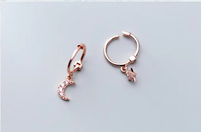 pendientes de aro de Plata de Ley 925 con forma de Luna y estrella centelleante para mujer