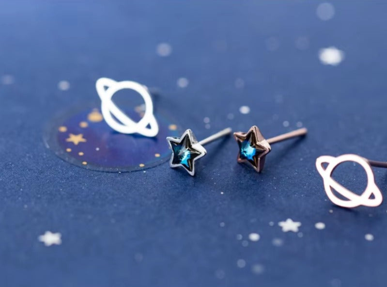 pendientes de plata de ley 925 con forma de Planeta y estrellas, joyería con cierre de tuerca
