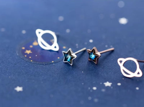 pendientes de plata de ley 925 con forma de Planeta y estrellas, joyería con cierre de tuerca