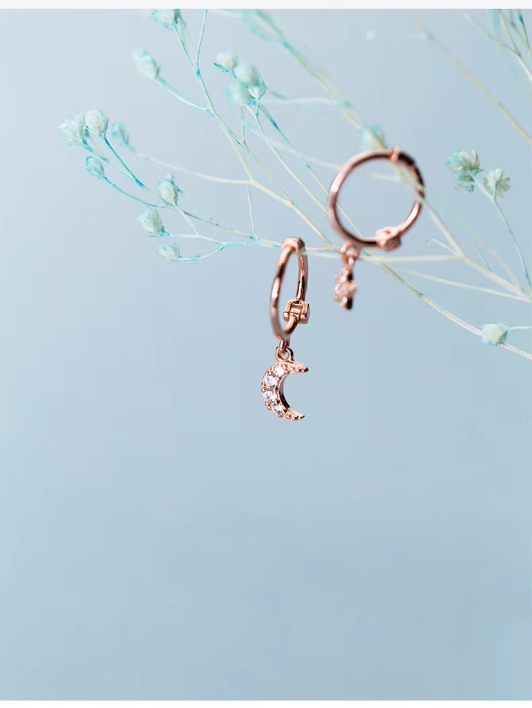 pendientes de aro de Plata de Ley 925 con forma de Luna y estrella centelleante para mujer