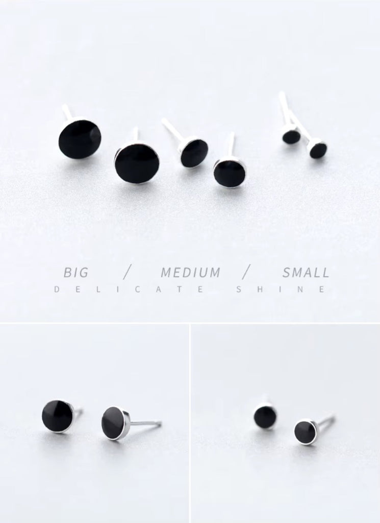 pendientes redondos de esmalte negro para mujer y niña, de Plata de Ley 925 auténtica, joyería clásica