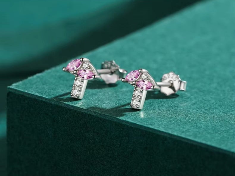 pendientes de plata de ley 100% 925 para mujer, aretes pequeños de seta de circonita rosa