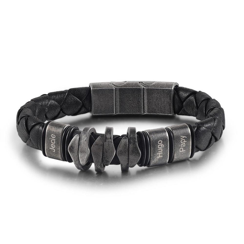 pulsera de cuero negro con nombre grabado personalizado para hombre